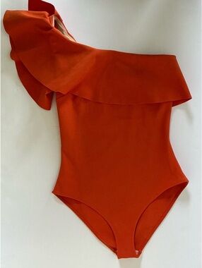 Chiara Boni One-Shoulder Ruffle Maillot in Bright Orange-Red